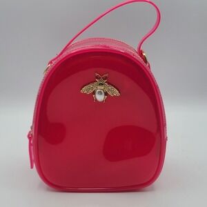 Jelly Handbag With Bee Pin Hot Pink With Crossbody Strap 2 Zipper 9" W Handle